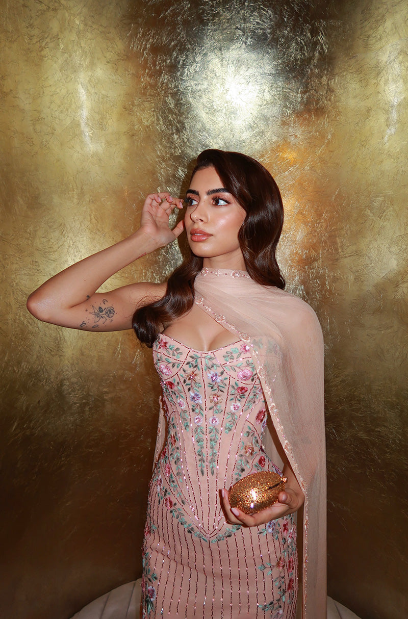 Khushi Kapoor in our Nude Tulle embroidered Floral Dress