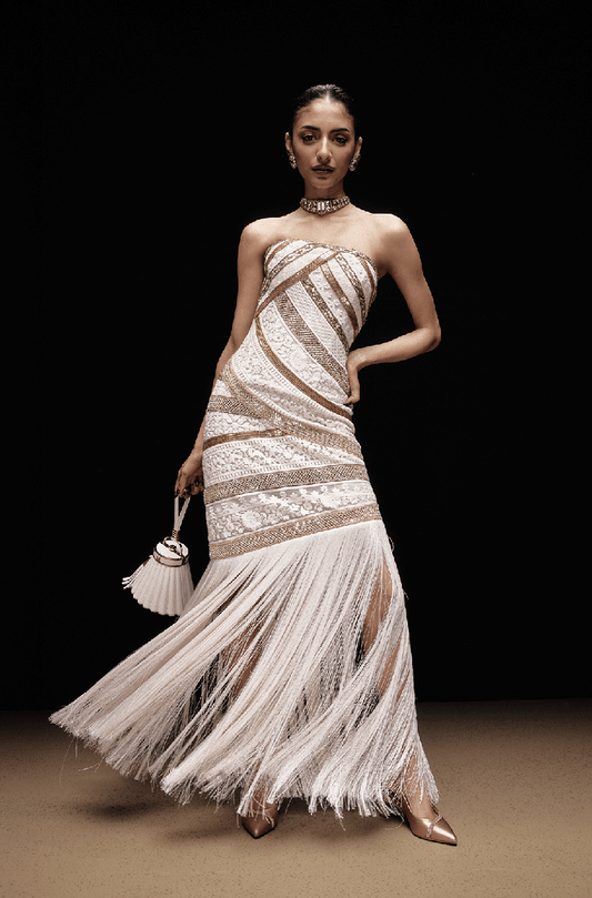Ivory & Gold Thread-Sequin Embroidered Patched Dress