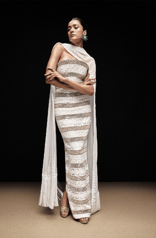 Ivory Thread Embroidered Patched Gown
