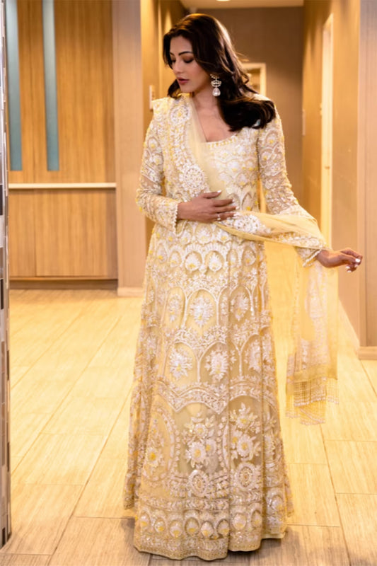 Kajal Aggarwal in our Yellow Kashmiri Anarkali Set