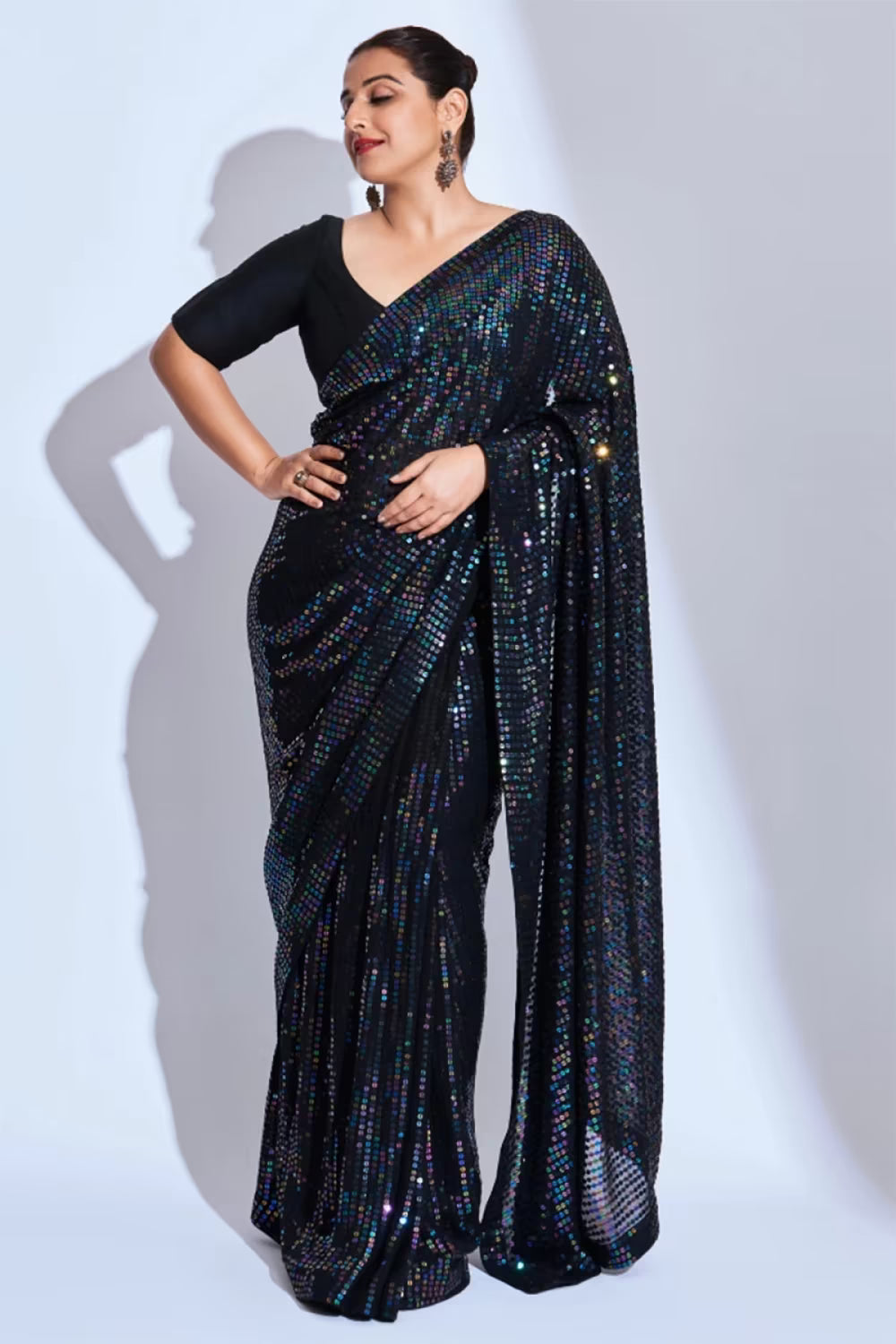 Vidya Balan in All Black Sequin Saree Set