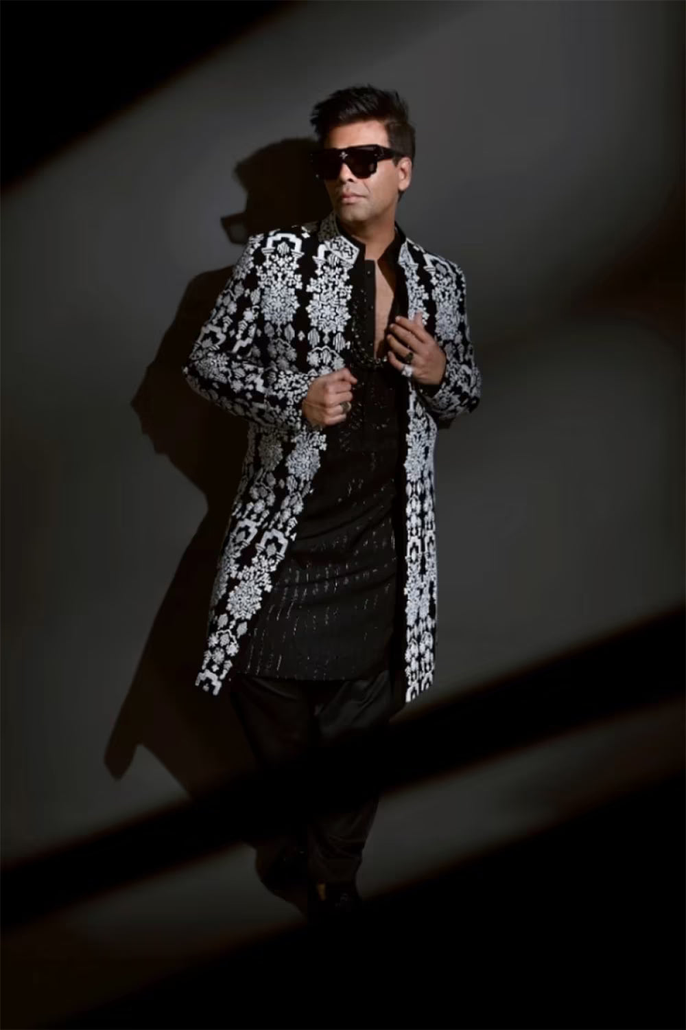 Karan Johar in Black and Ivory Kashmiri Jacket Set