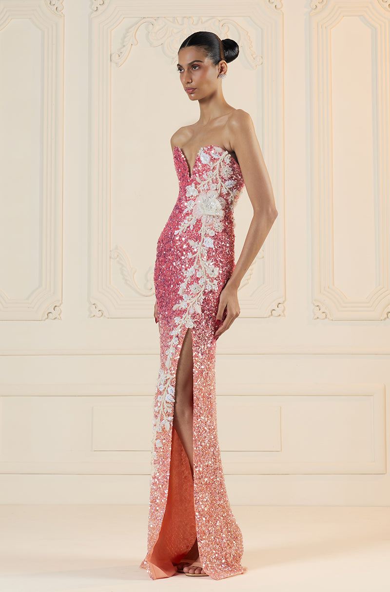 Peach Shaded Sequin Off-Shoulder Gown