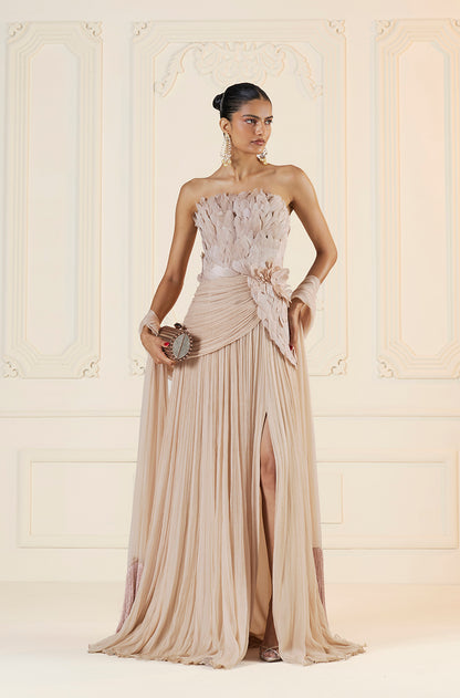 Oyster Chiffon Feather Drape Gown