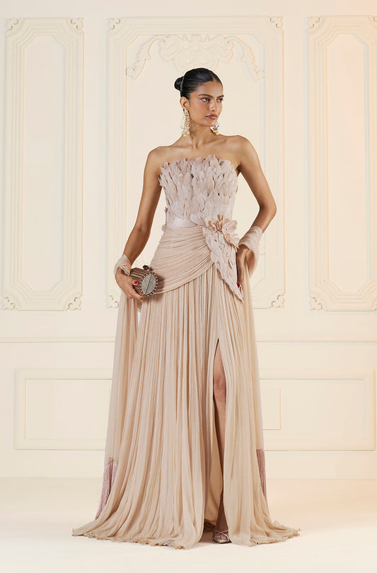 Oyster Chiffon Feather Drape Gown