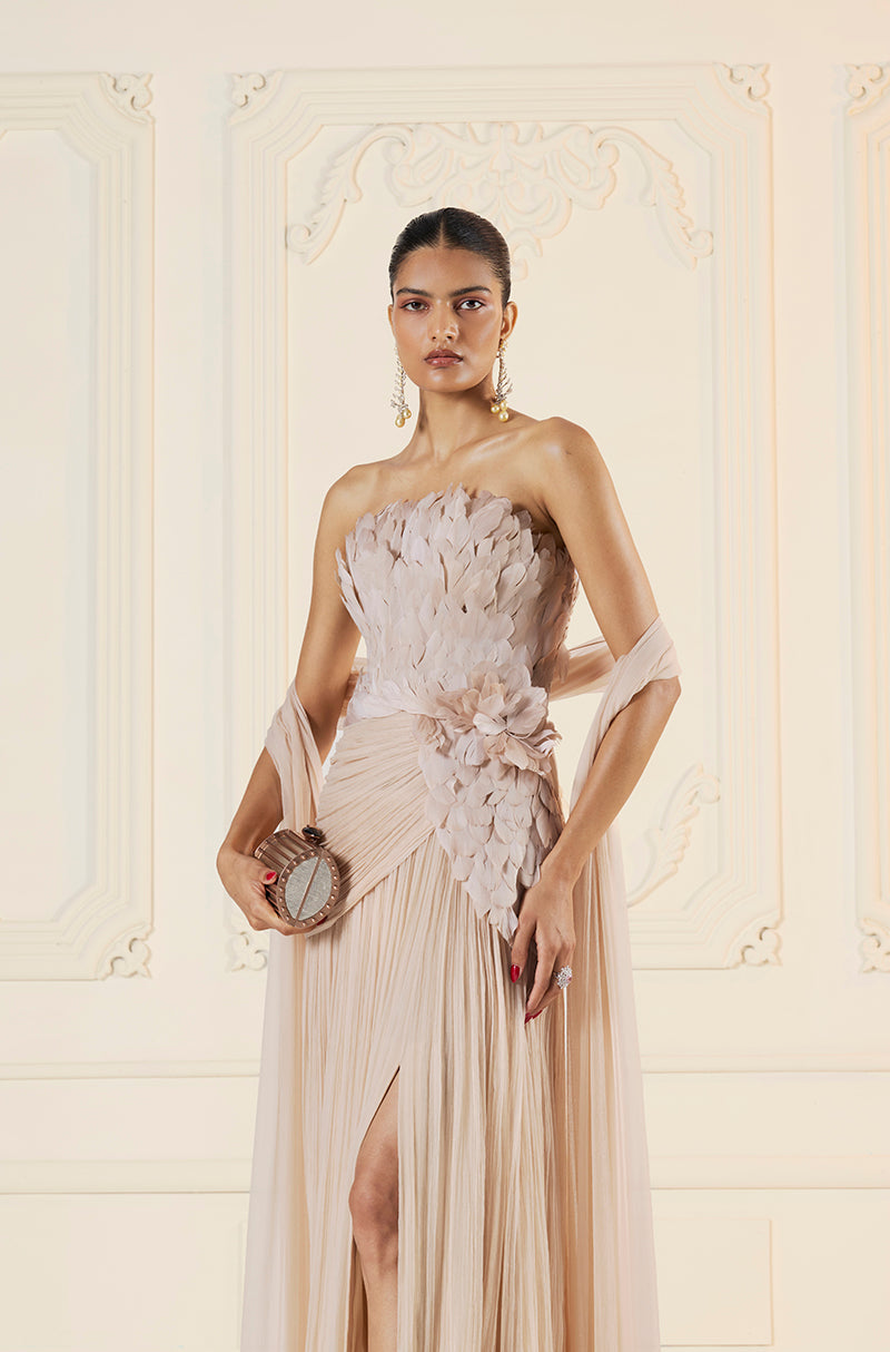 Oyster Chiffon Feather Drape Gown
