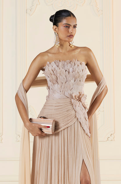 Oyster Chiffon Feather Drape Gown