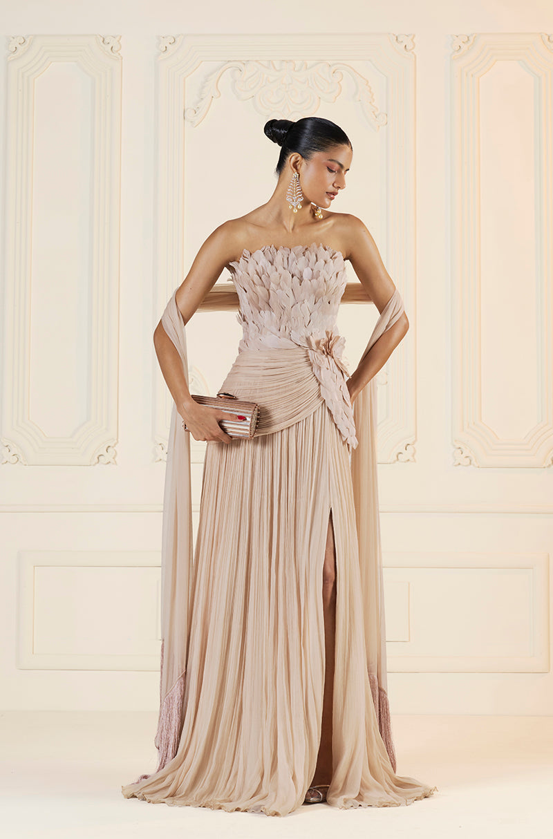 Oyster Chiffon Feather Drape Gown
