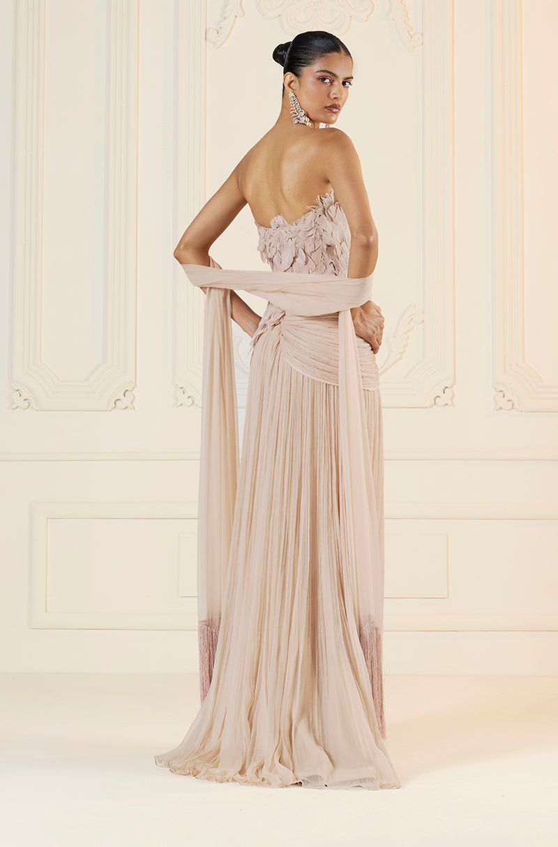 Oyster Chiffon Feather Drape Gown