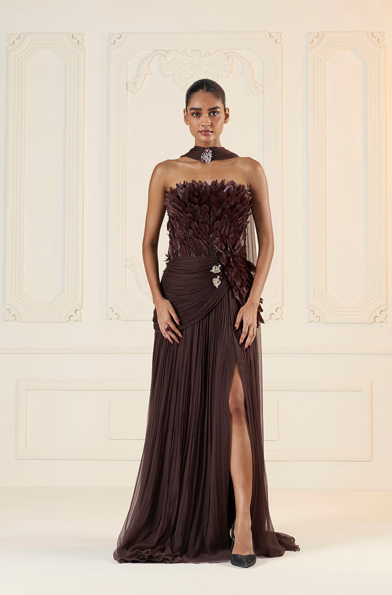 Brown Chiffon Feather Drape Gown