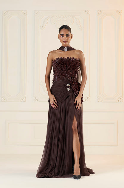 Brown Chiffon Feather Drape Gown