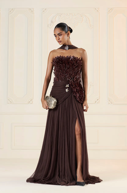 Brown Chiffon Feather Drape Gown