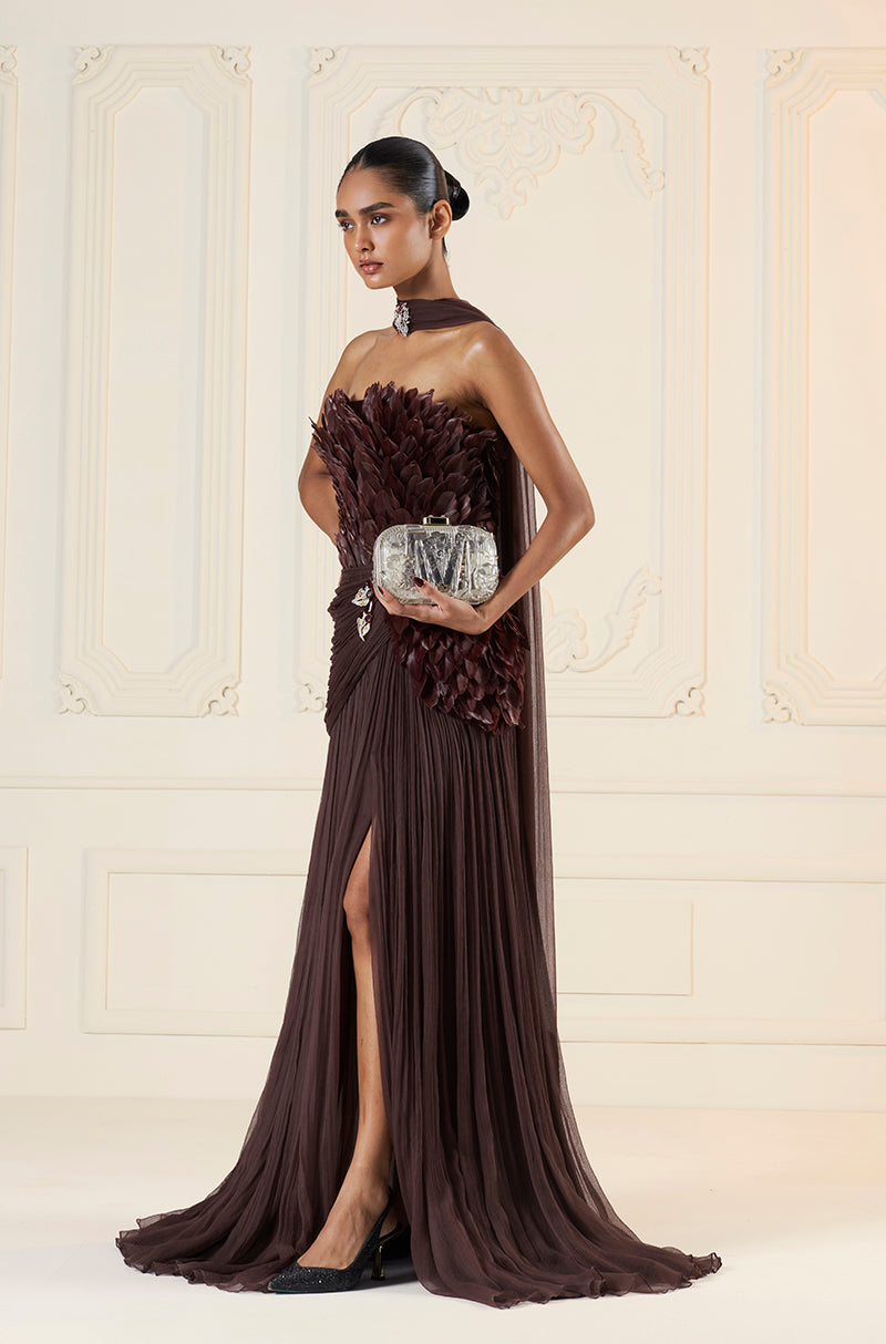 Brown Chiffon Feather Drape Gown