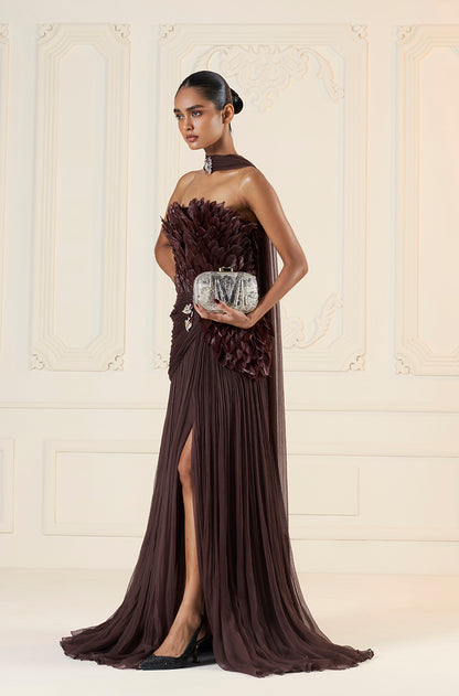 Brown Chiffon Feather Drape Gown