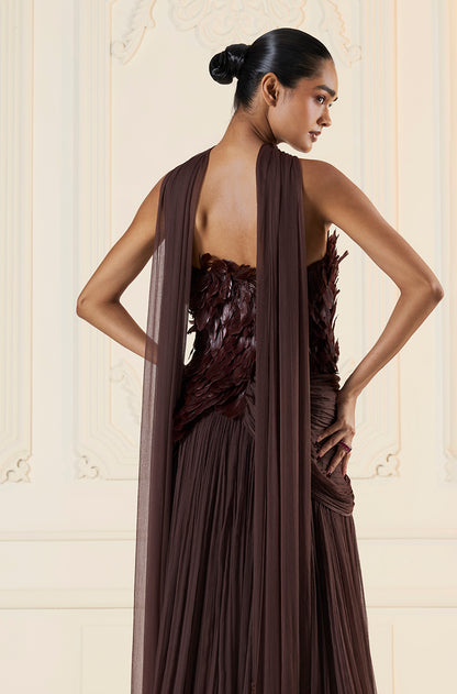 Brown Chiffon Feather Drape Gown