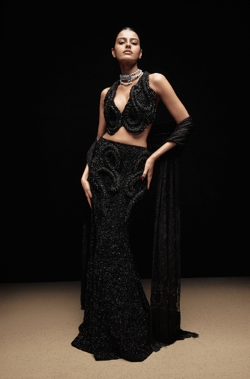 Black Tone On Tone Mijwan Fishtail Skirt Set