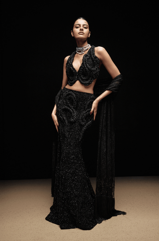 Black Tone On Tone Mijwan Fishtail Skirt Set