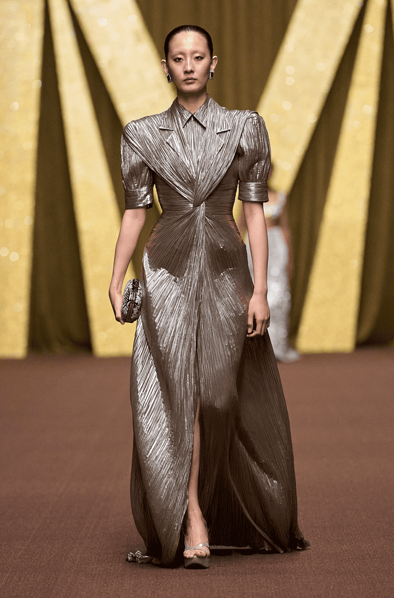 Olive-Gold Draped Gown