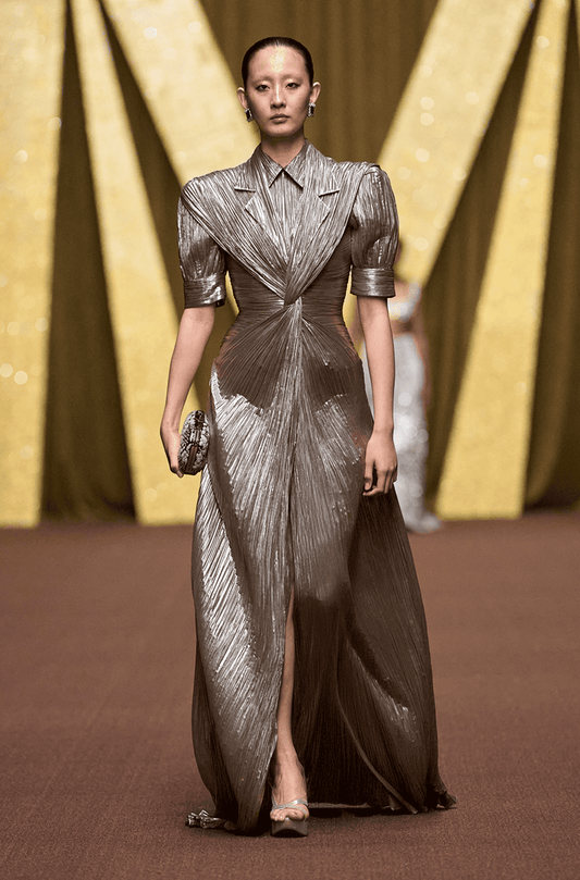 Olive-Gold Draped Gown