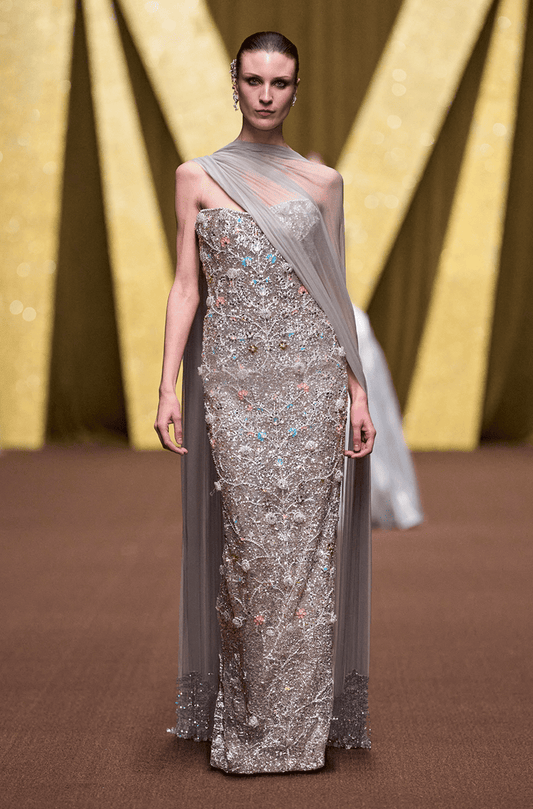 Silver Multicolour Stone Off-Shoulder Gown