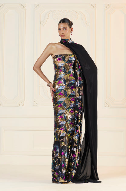 Black & Multi-Coloured Sequin Sheeted Off-Shoulder Gown Saree
