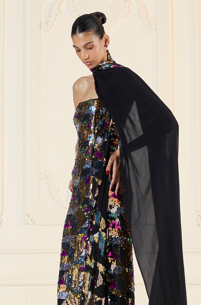 Black & Multi-Coloured Sequin Sheeted Off-Shoulder Gown Saree