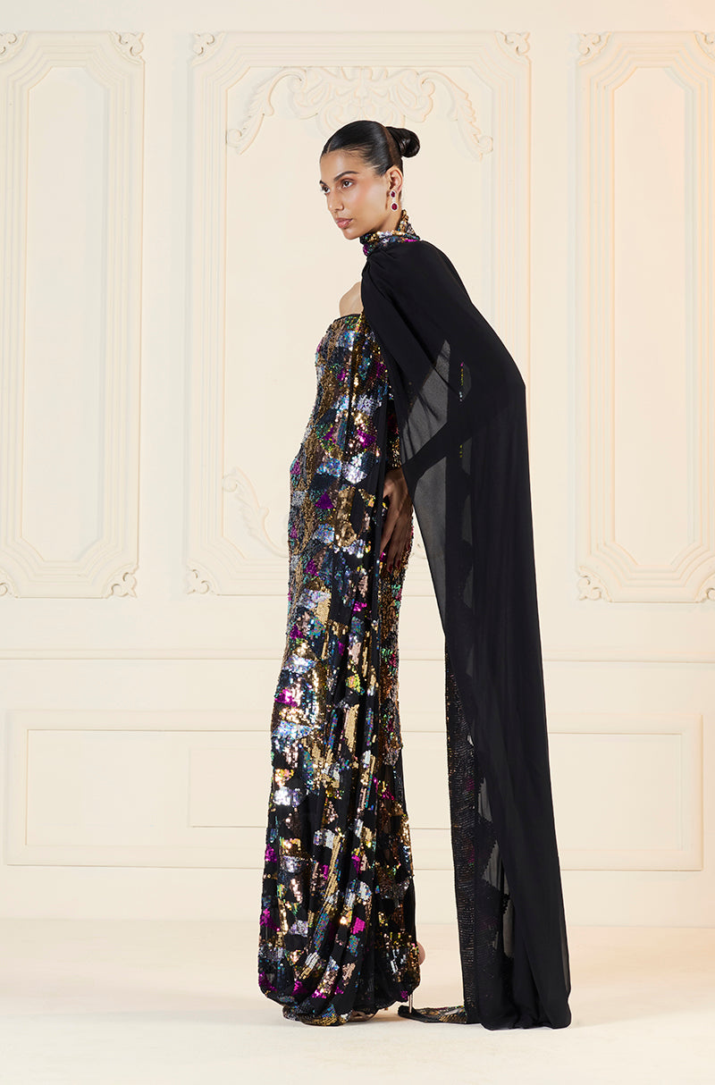 Black & Multi-Coloured Sequin Sheeted Off-Shoulder Gown Saree