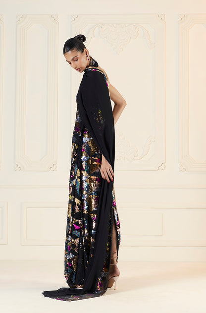 Black & Multi-Coloured Sequin Sheeted Off-Shoulder Gown Saree