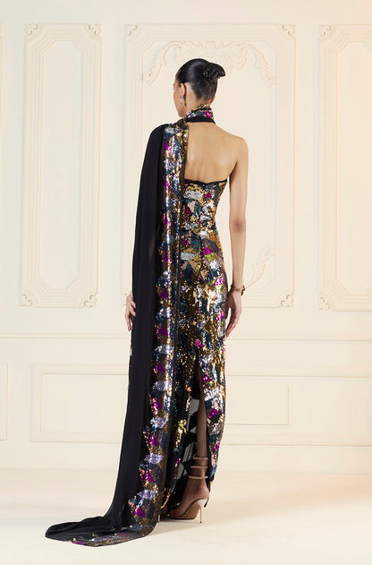 Black & Multi-Coloured Sequin Sheeted Off-Shoulder Gown Saree