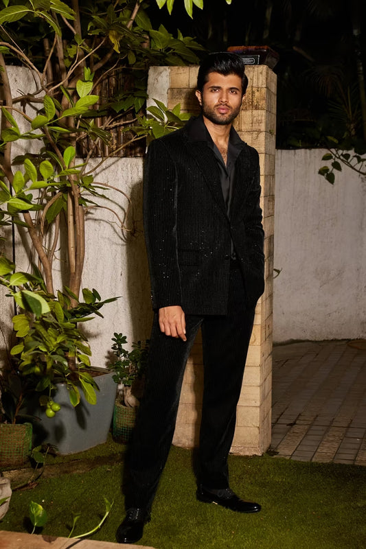 Vijay Devarakonda in our Black Velvet Embroidered Blazer Set