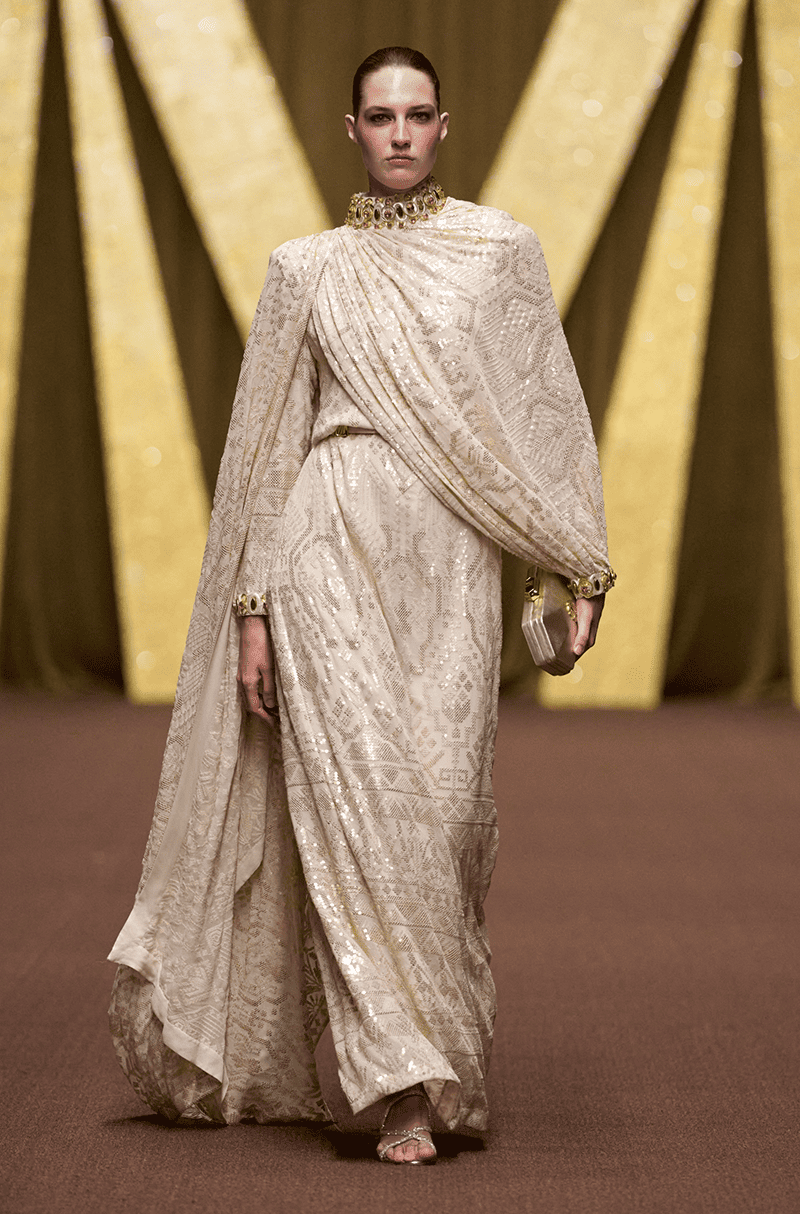 Ivory-Gold Flowy Sequin Embroidered Kaftan