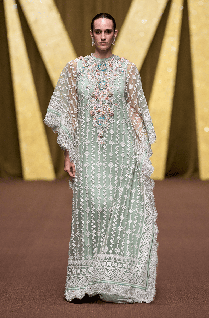 Sage Green Geometric Stripe Mijwan Kaftan