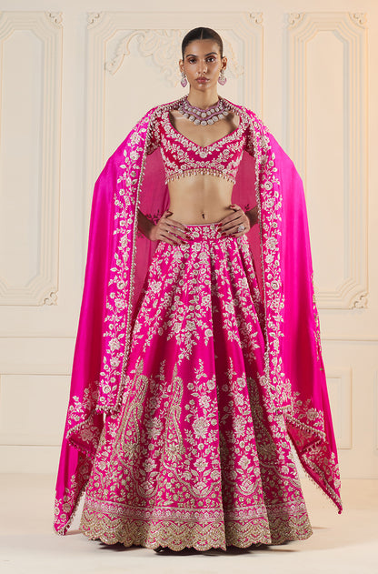 Bright Pink Floral Thread Embroidered Lehenga Set