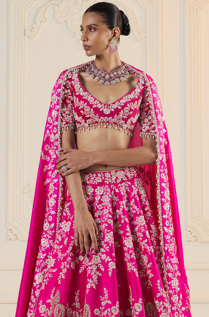 Bright Pink Floral Thread Embroidered Lehenga Set