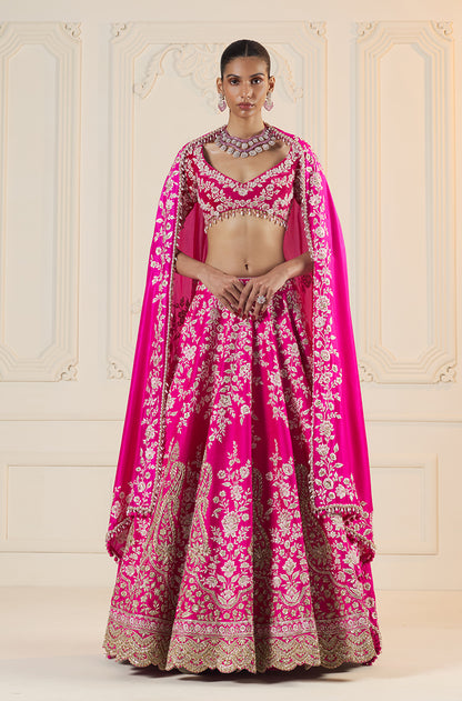 Bright Pink Floral Thread Embroidered Lehenga Set