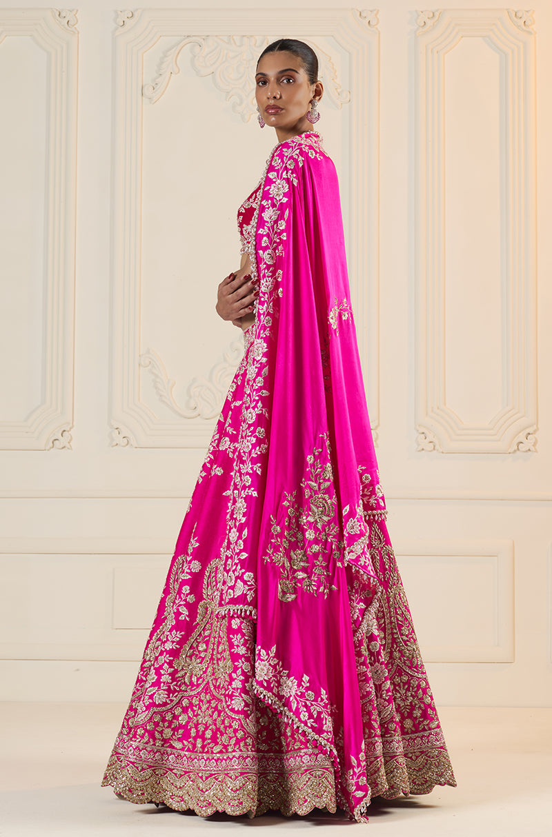 Bright Pink Floral Thread Embroidered Lehenga Set