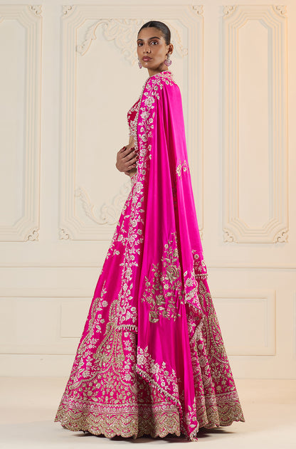 Bright Pink Floral Thread Embroidered Lehenga Set