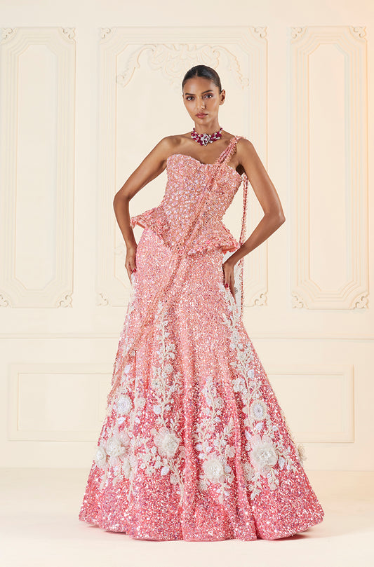 Light To Dark Peach Ombré Sequin Sheeted With Ivory 3D Floral Motifs Lehenga Set