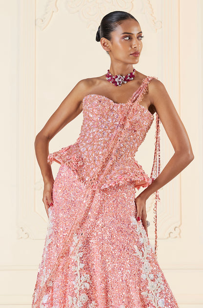 Light To Dark Peach Ombré Sequin Sheeted With Ivory 3D Floral Motifs Lehenga Set