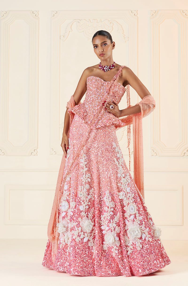 Light To Dark Peach Ombré Sequin Sheeted With Ivory 3D Floral Motifs Lehenga Set