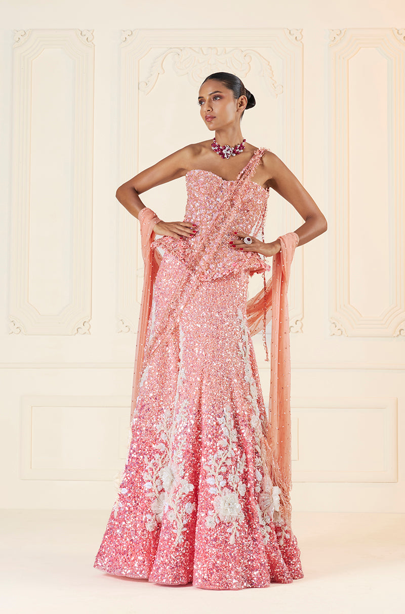 Light To Dark Peach Ombré Sequin Sheeted With Ivory 3D Floral Motifs Lehenga Set