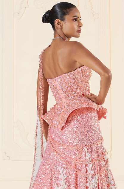 Light To Dark Peach Ombré Sequin Sheeted With Ivory 3D Floral Motifs Lehenga Set