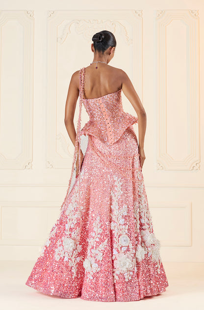 Light To Dark Peach Ombré Sequin Sheeted With Ivory 3D Floral Motifs Lehenga Set