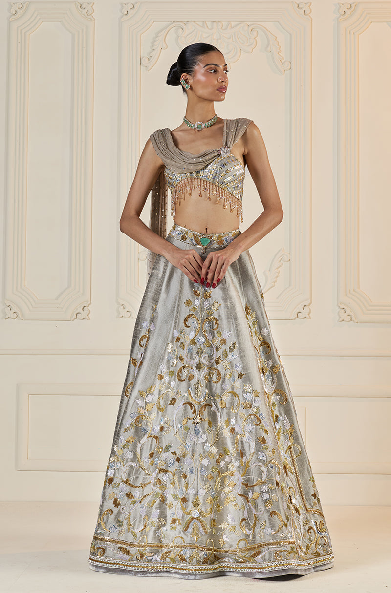 Grey Rawsilk With Gold & Metal Sequin Embroidered Lehenga Set
