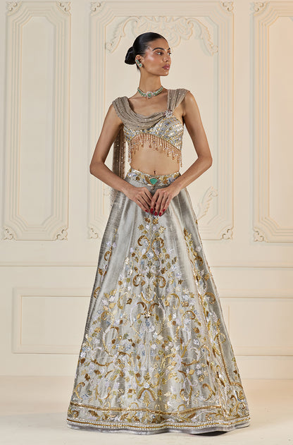 Grey Rawsilk With Gold & Metal Sequin Embroidered Lehenga Set