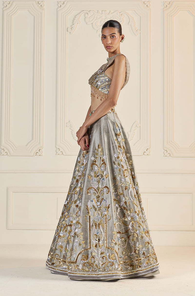 Grey Rawsilk With Gold & Metal Sequin Embroidered Lehenga Set