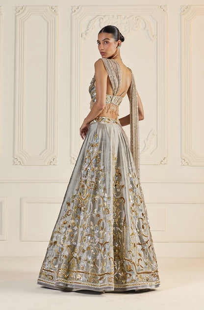 Grey Rawsilk With Gold & Metal Sequin Embroidered Lehenga Set
