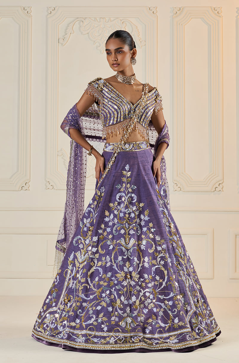 Violet Rawsilk With Metal Sequin Embroidered Jaal Lehenga Set