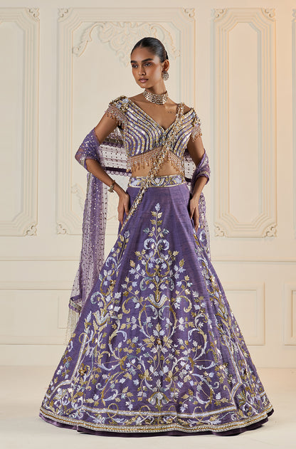 Violet Rawsilk With Metal Sequin Embroidered Jaal Lehenga Set