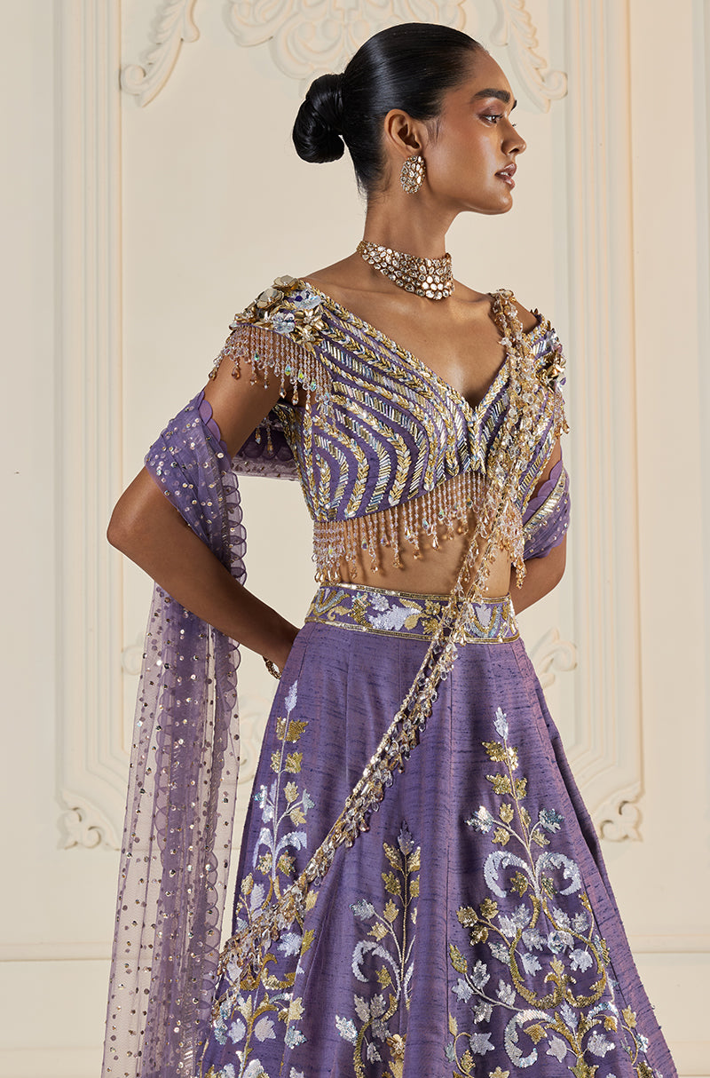 Violet Rawsilk With Metal Sequin Embroidered Jaal Lehenga Set